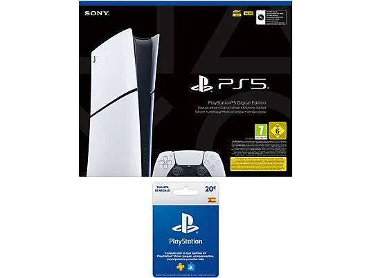 Consola - Sony PS5 Slim Digital Edition, 825 GB SSD, 4K, Chasis D, Blanco + Tarjeta PS Plus 20€